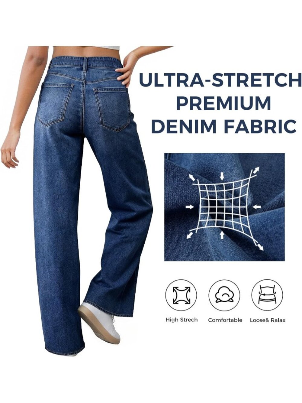 Women's Dark Blue High Waisted Baggy Loose Straight Denim Pants Wide Leg Jeans - Picture 6 of 6